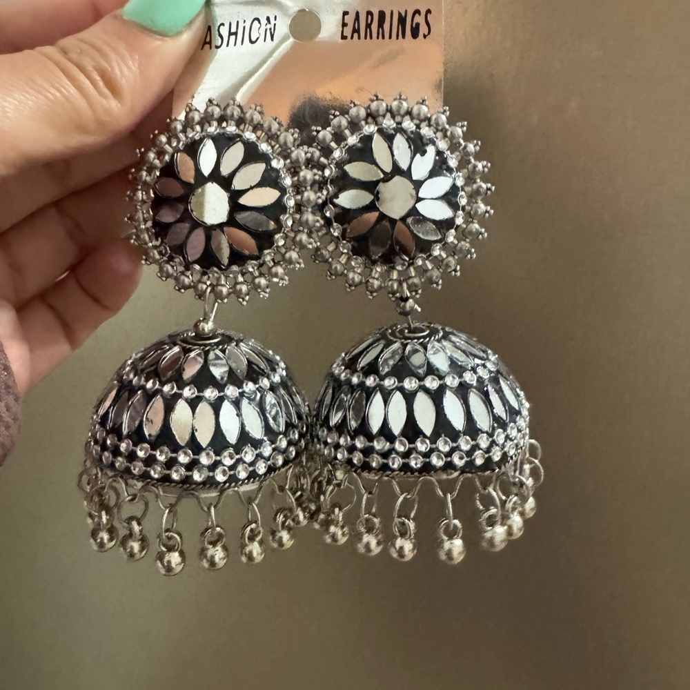 Oxidized Mirror Jhumkas Earrings